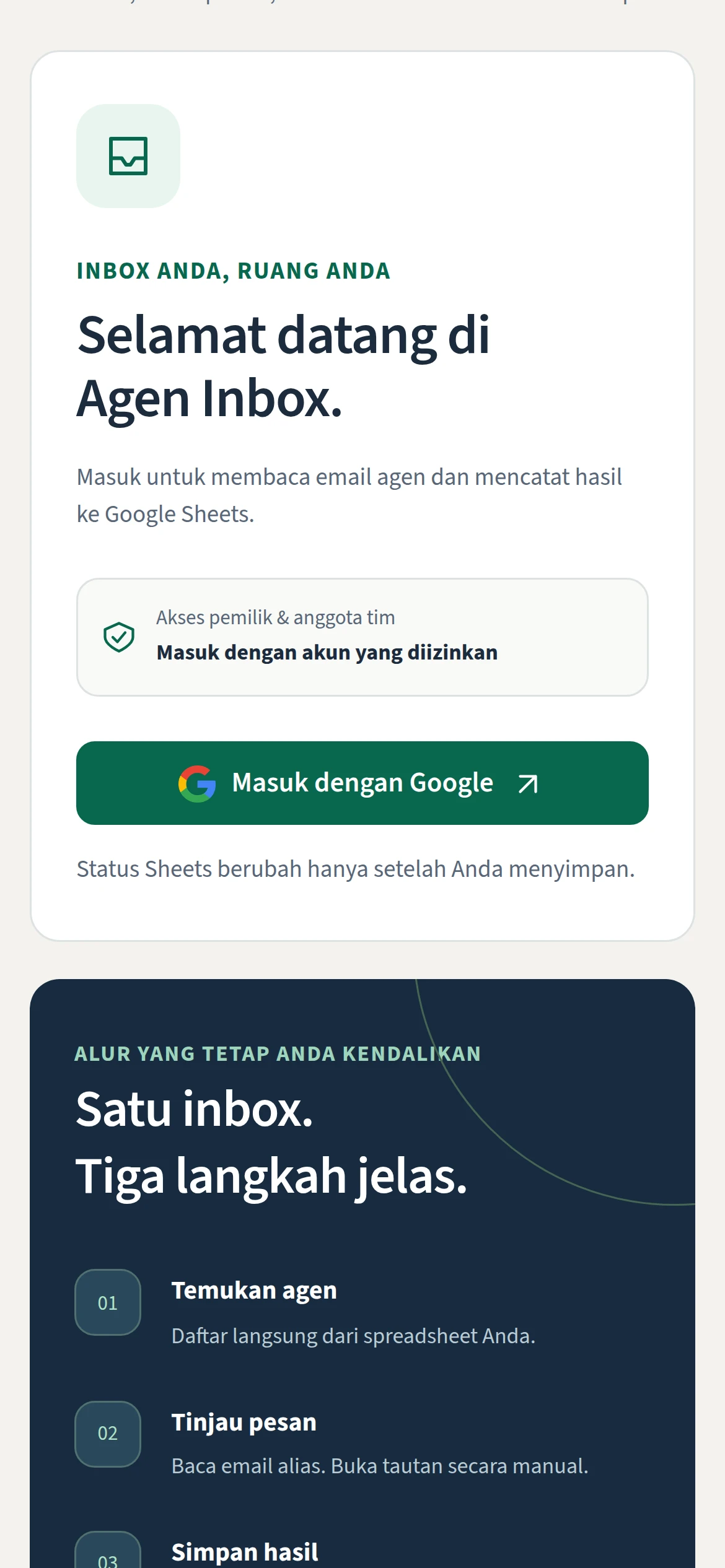 Agen Inbox public login screen on mobile with sign-in, welcome and generic workflow information; no private inbox or records.