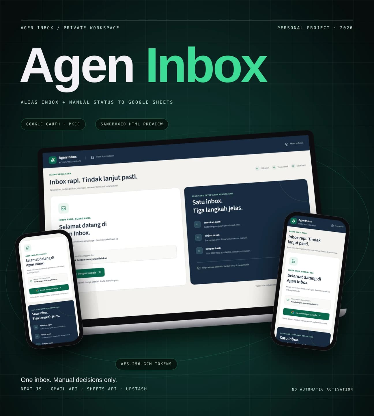 Agen Inbox on a laptop plus two phones showing public login screens and generic workflow information, not a private inbox.