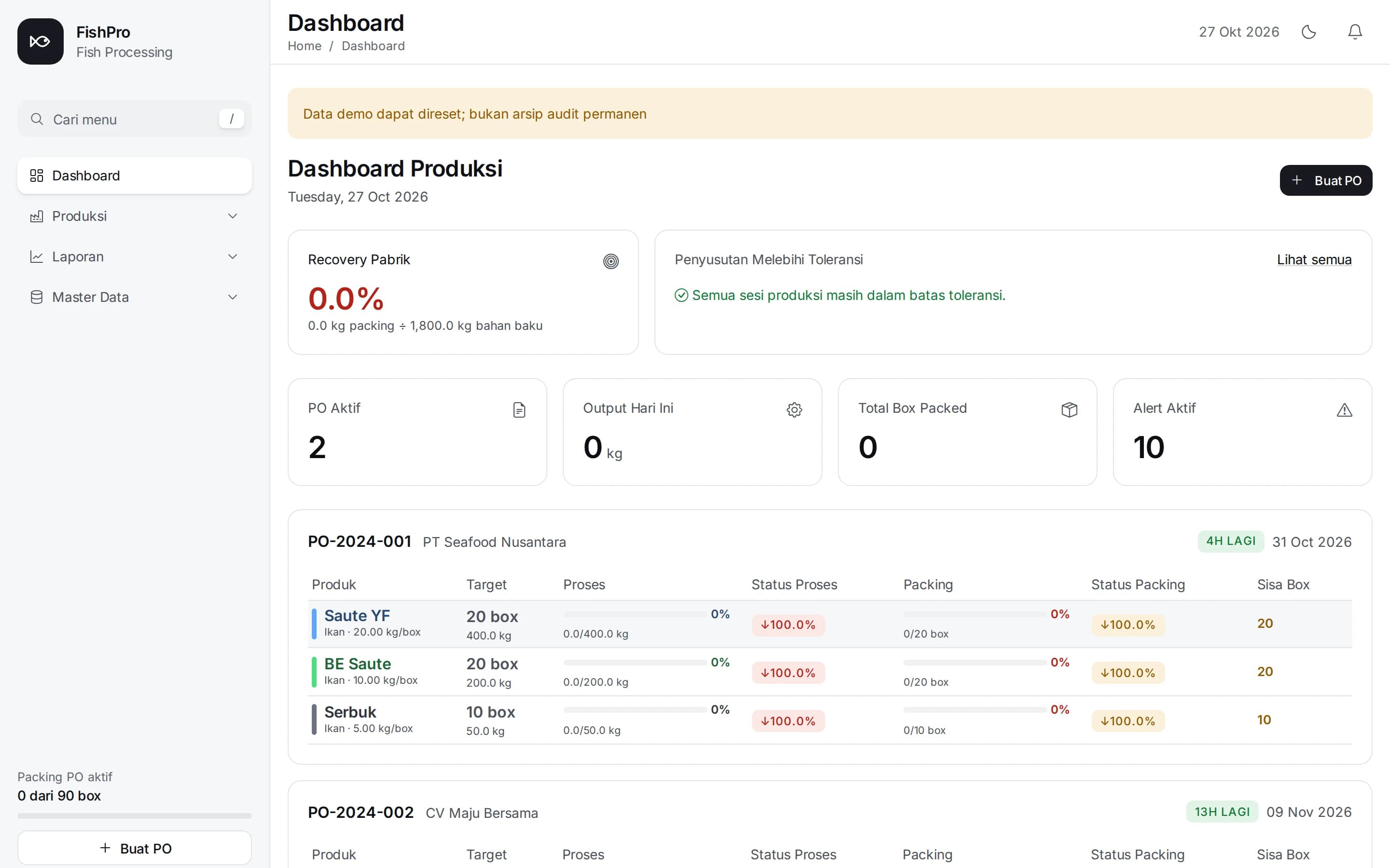 FishPro production dashboard in light theme: recovery and shrinkage cards, active PO, output, packed box and alert counters, and per-product process and packing progress for each purchase order.