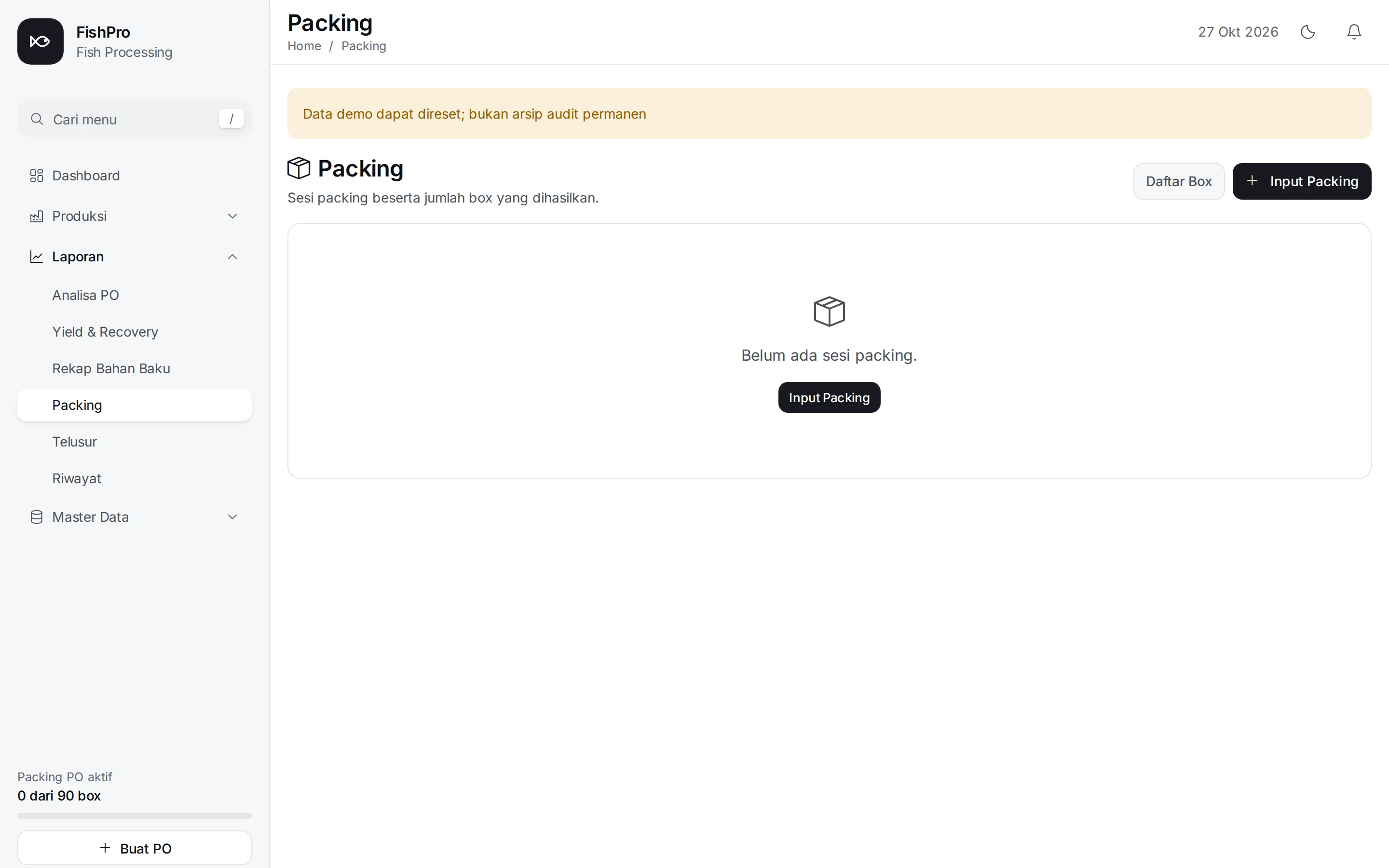 FishPro packing page in light theme with box list and packing input actions; the demo database has no packing sessions yet.
