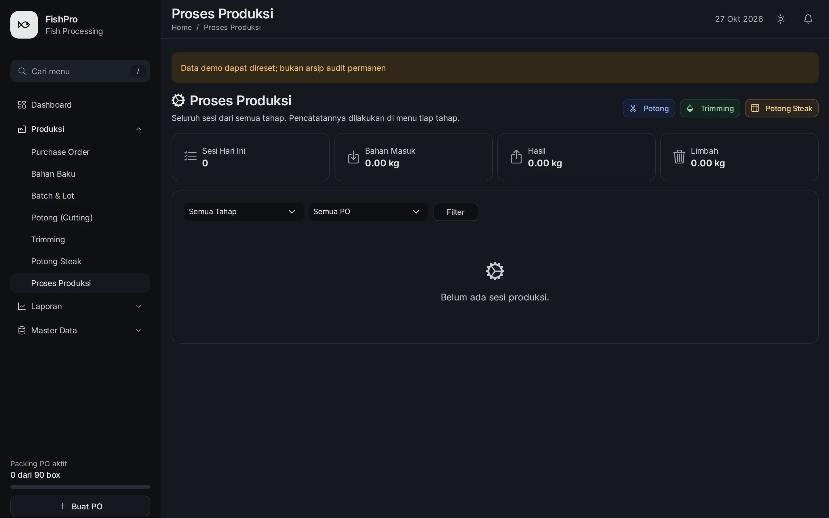 FishPro production process page in dark theme: shortcuts to cutting, trimming and steak stages, daily session, input, output and waste counters, and stage and PO filters.