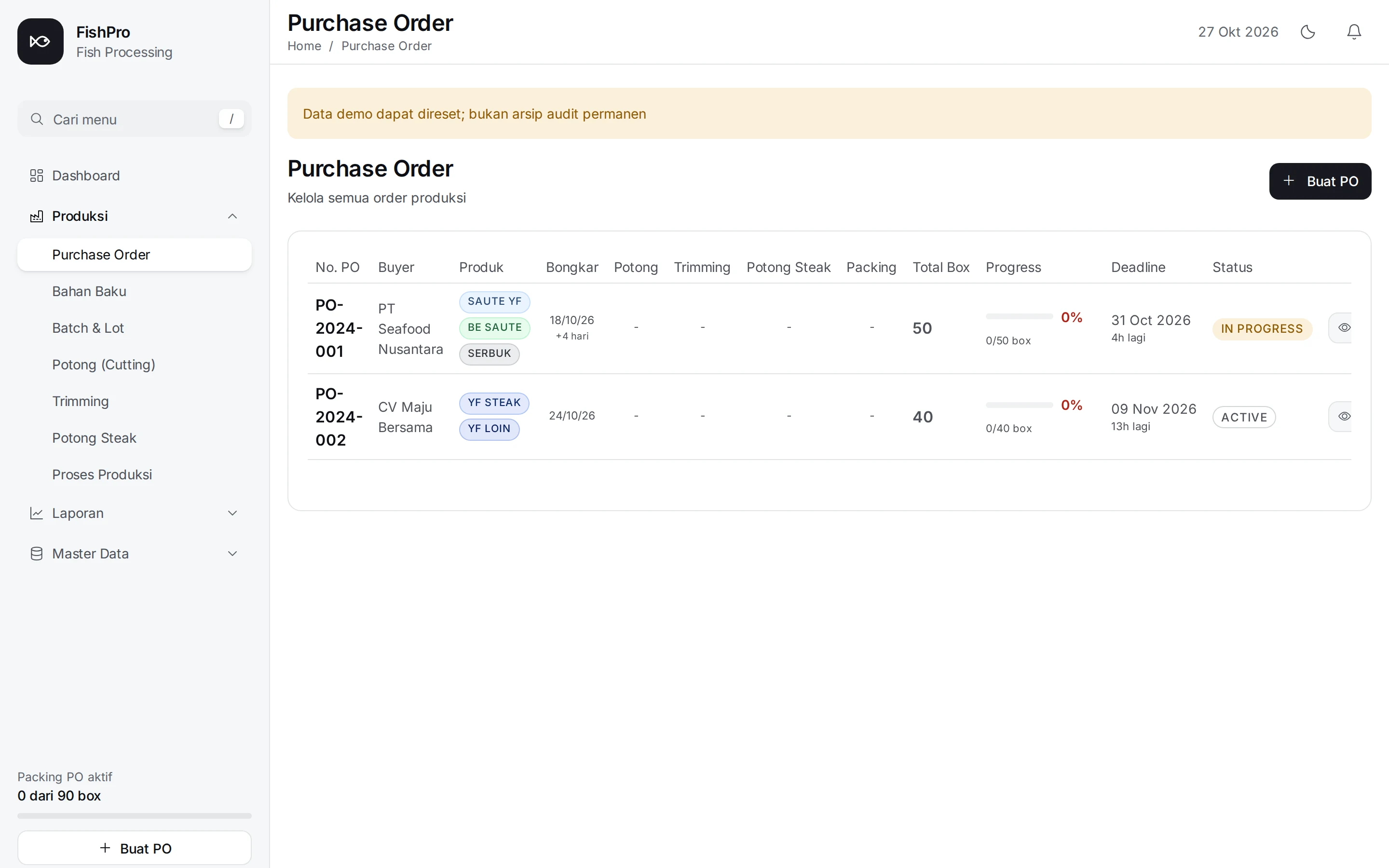 FishPro Purchase Order list in light theme: buyer, products, unloading and stage columns, total boxes, progress, deadline and status for two demo orders.