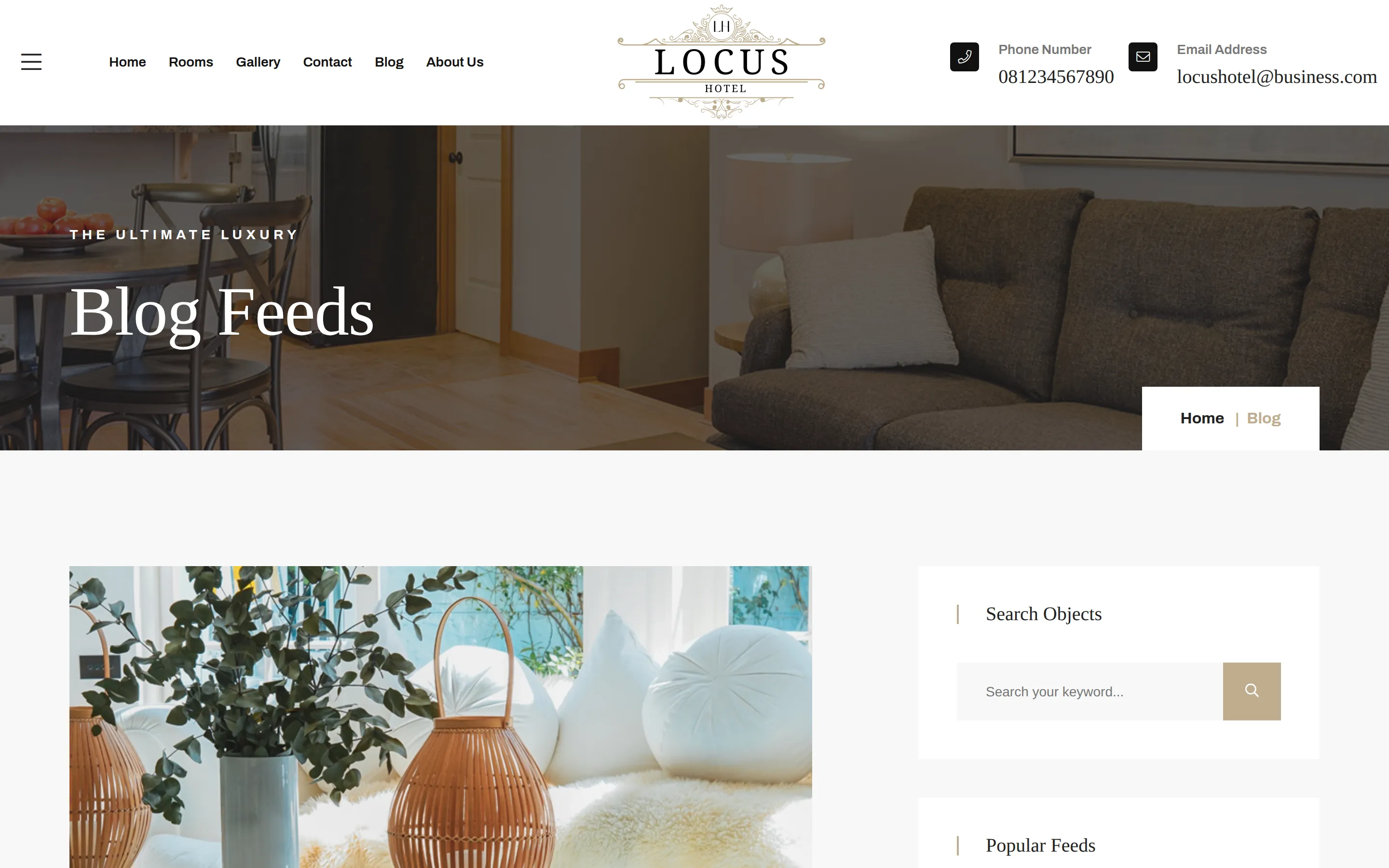 Locus Hotel Blog page: 'Blog Feeds' banner above a featured post image and a sidebar with keyword search and Popular Feeds.