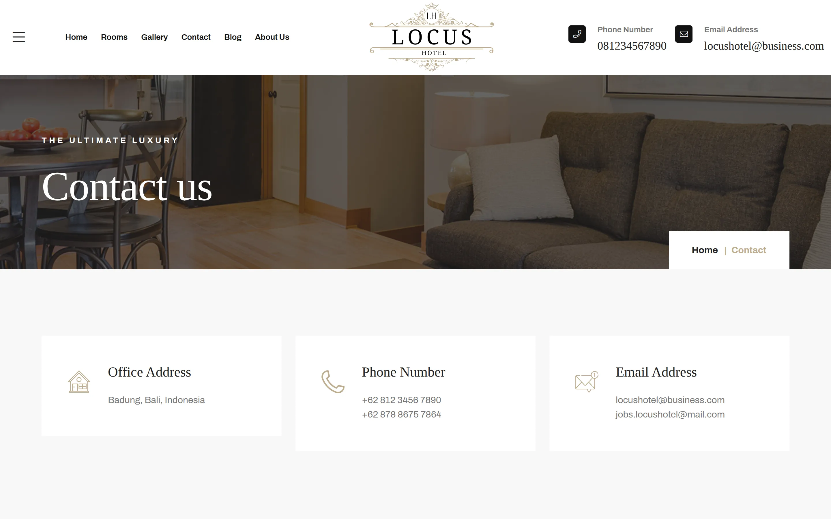 Locus Hotel Contact page: 'Contact us' banner above cards listing the office address in Badung, Bali, phone numbers and email addresses.