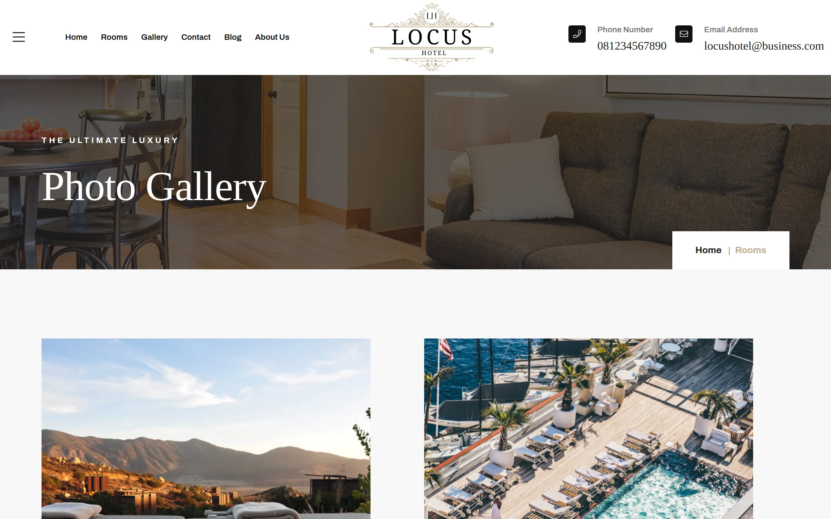 Locus Hotel Gallery page: 'Photo Gallery' banner above a mountain landscape photo and an aerial view of a waterfront pool deck.