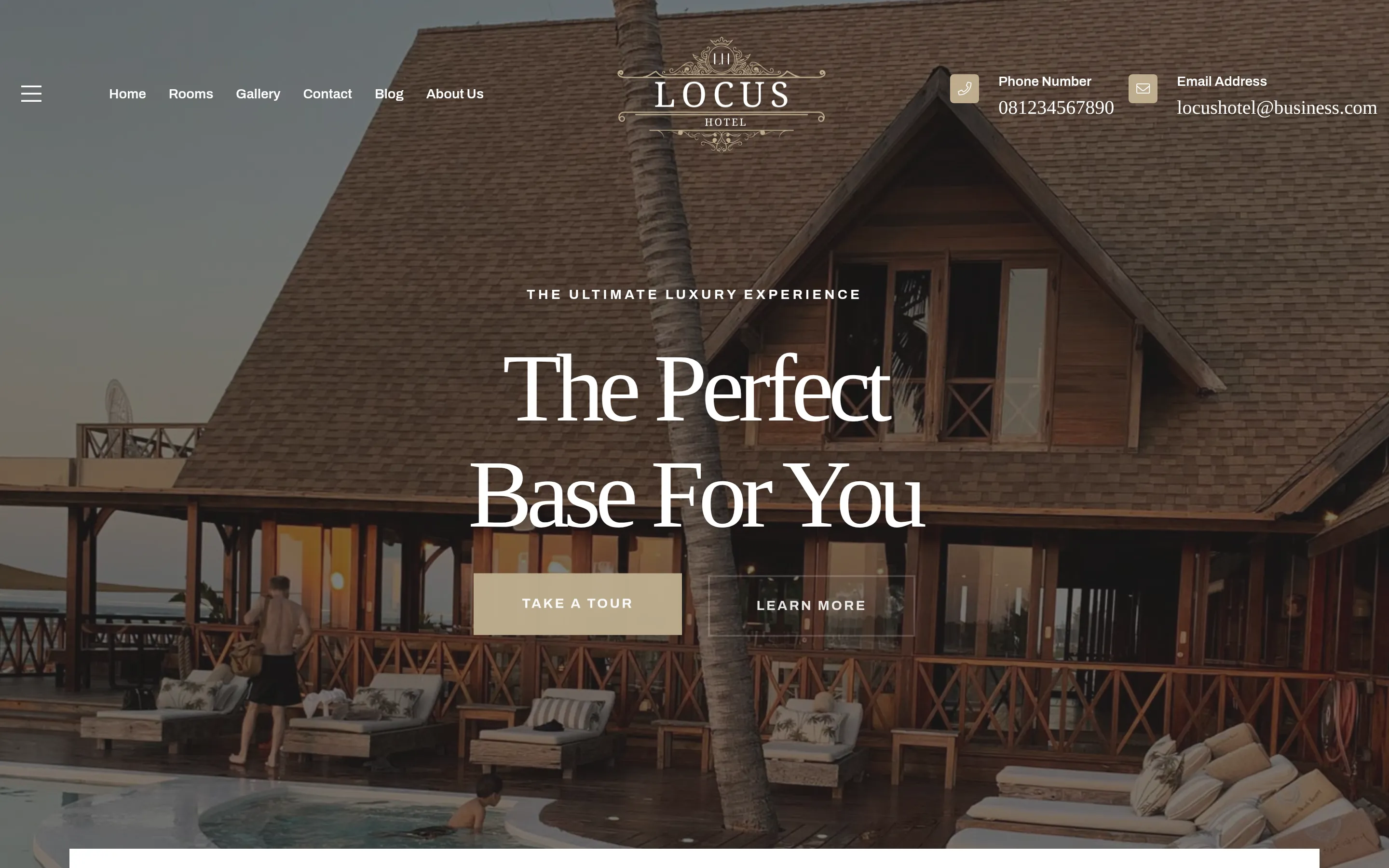 Locus Hotel home page hero: 'The Perfect Base For You' headline with Take a Tour and Learn More buttons over a dimmed photo of a wooden A-frame resort beside a pool.