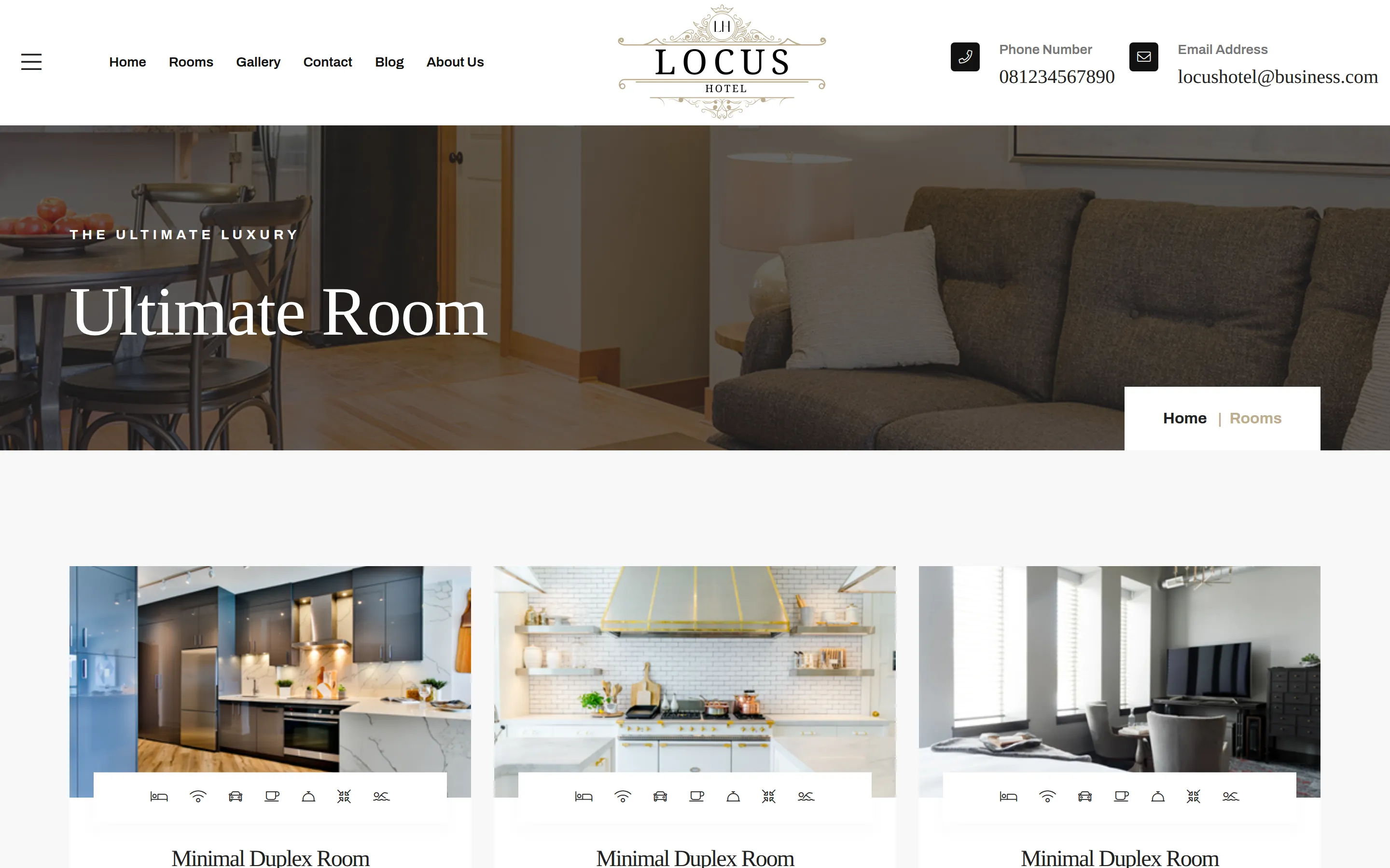 Locus Hotel Rooms page: 'Ultimate Room' banner above three Minimal Duplex Room cards with amenity icons.