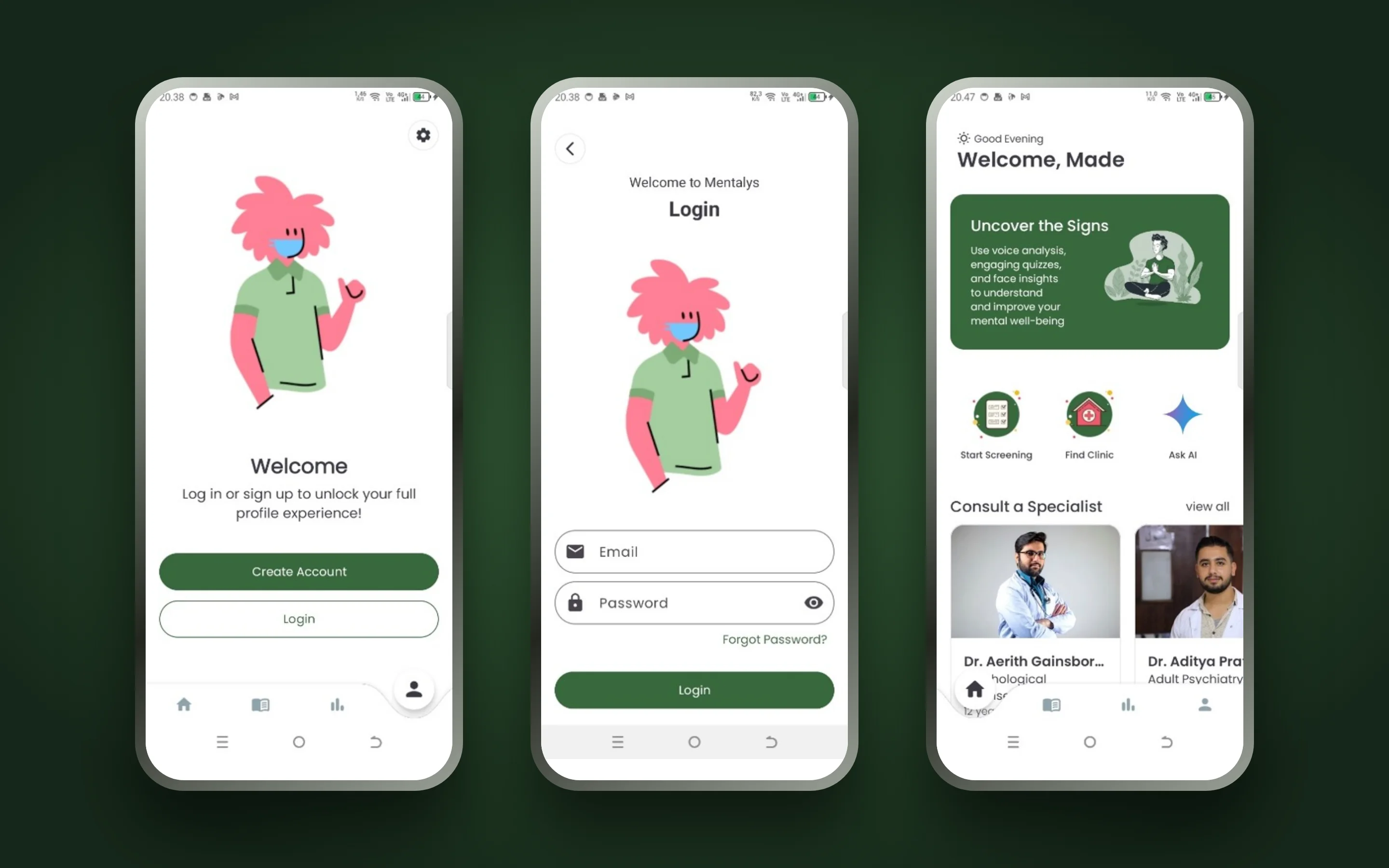 Mentalys welcome screen, login form and home screen with screening shortcuts and specialist cards.