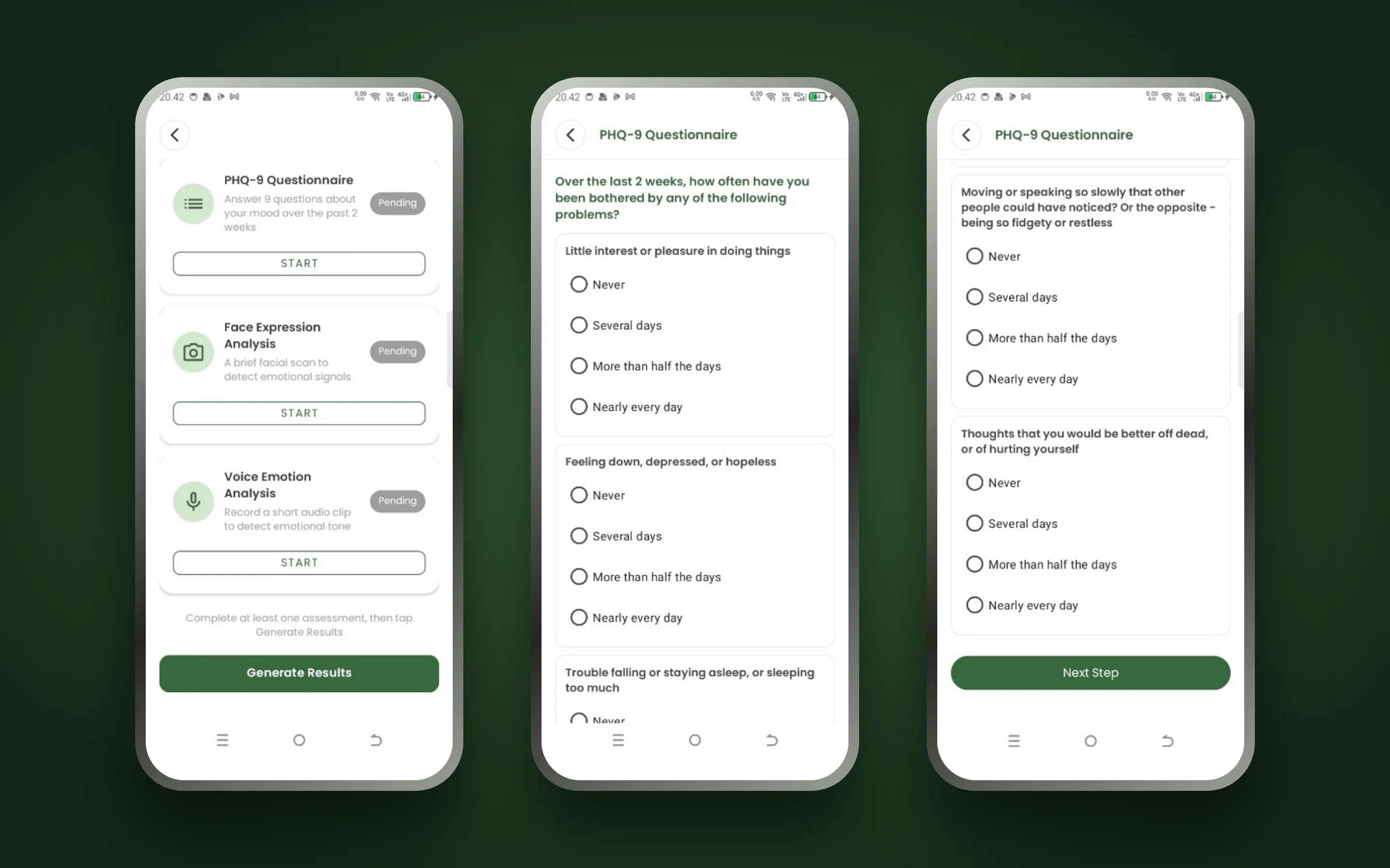 Mentalys screening hub with three pending checks, followed by the first and later PHQ-9 questionnaire pages.