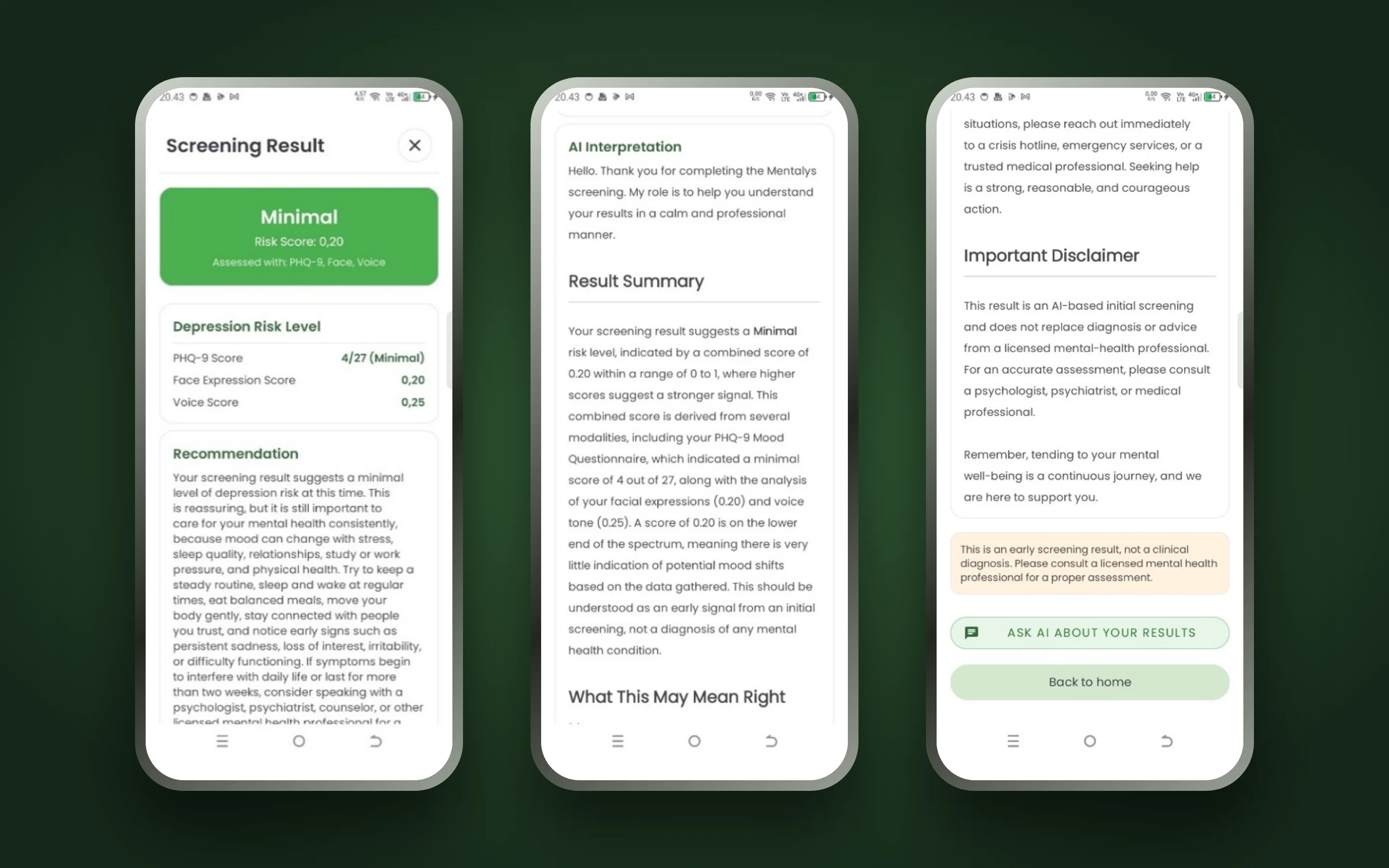 Mentalys screening result: Minimal risk score of 0.20, AI interpretation and summary, then crisis guidance and disclaimer.