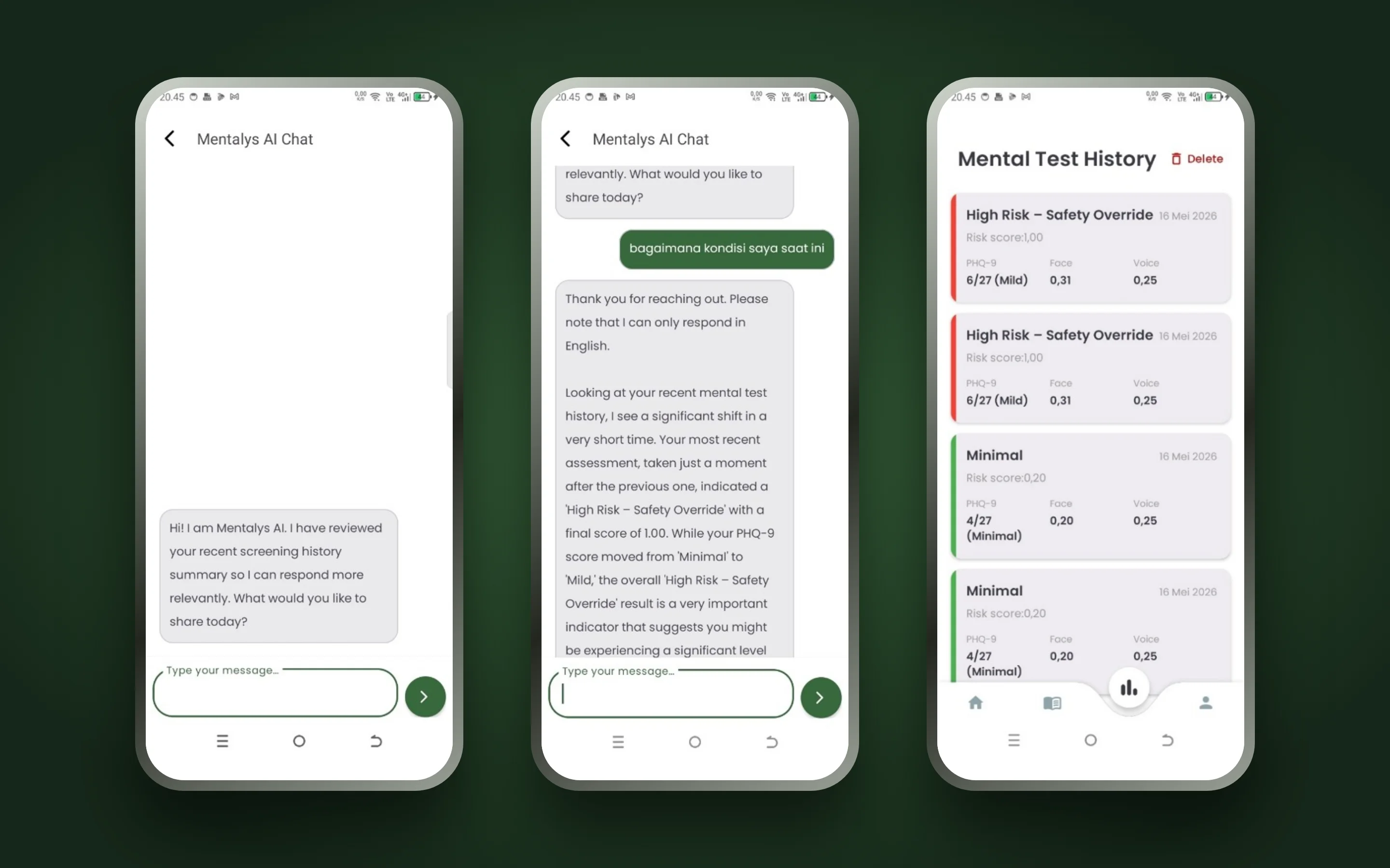 Mentalys Ask AI chat screens and the mental test history list.