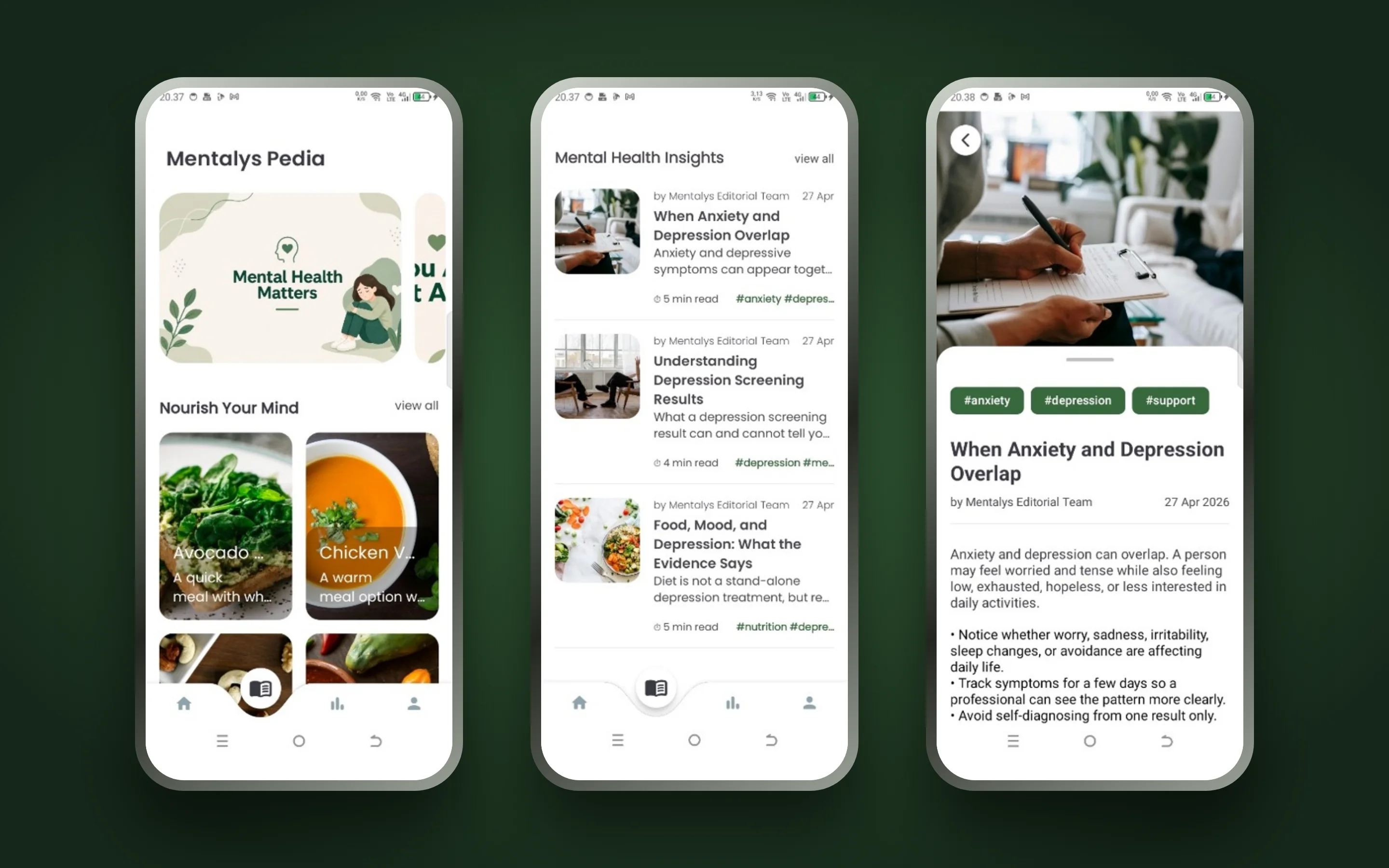 Mentalys Pedia home with food recommendations, the mental health article list and an article detail page.