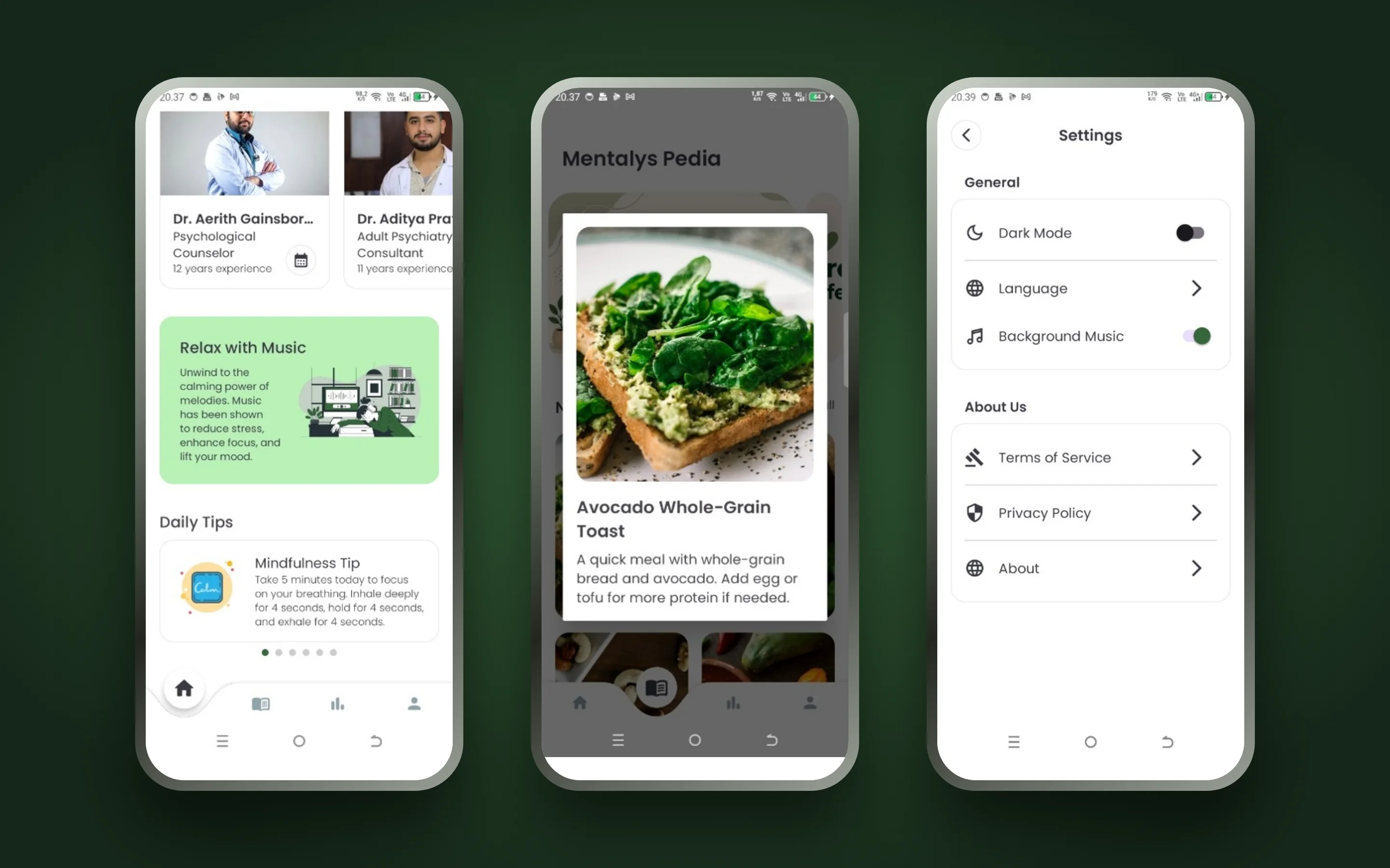 Mentalys home screen with music and daily tips, a recipe sheet in Mentalys Pedia, and the settings screen.