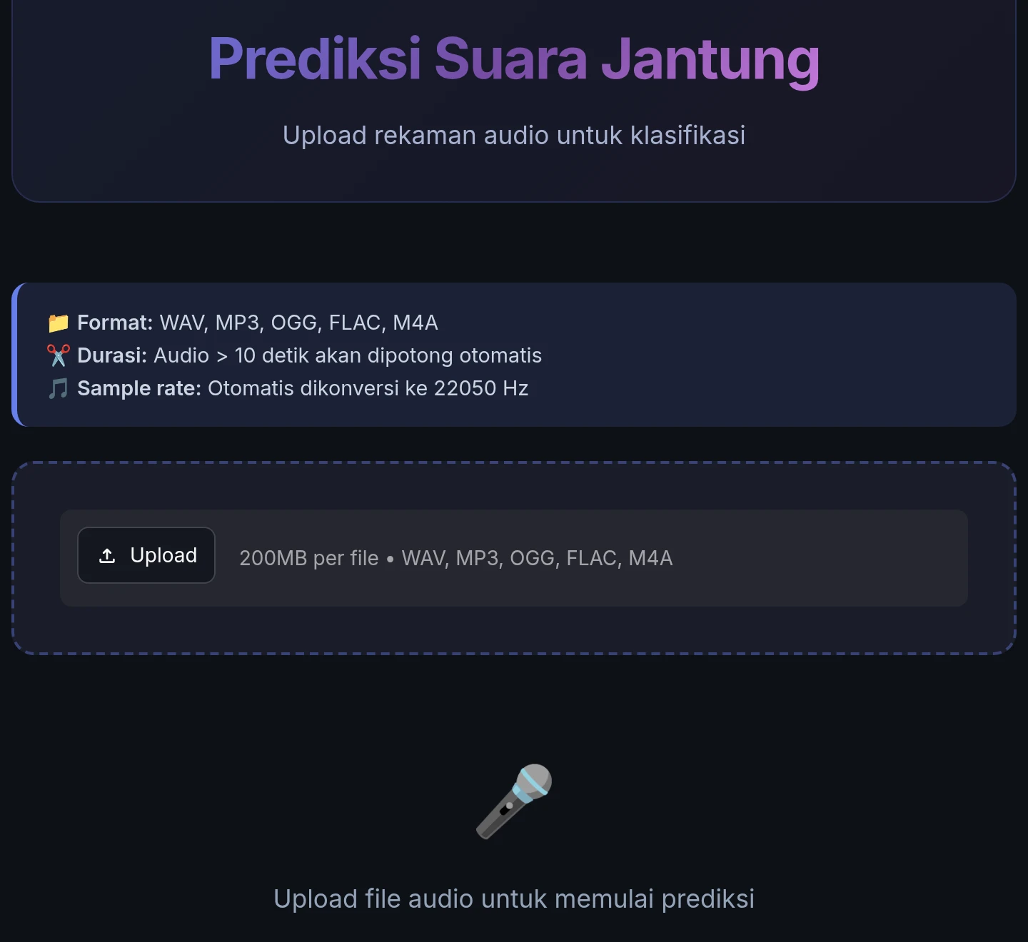 SIRAJA empty audio-upload interface with supported formats and preprocessing notes, captured locally.