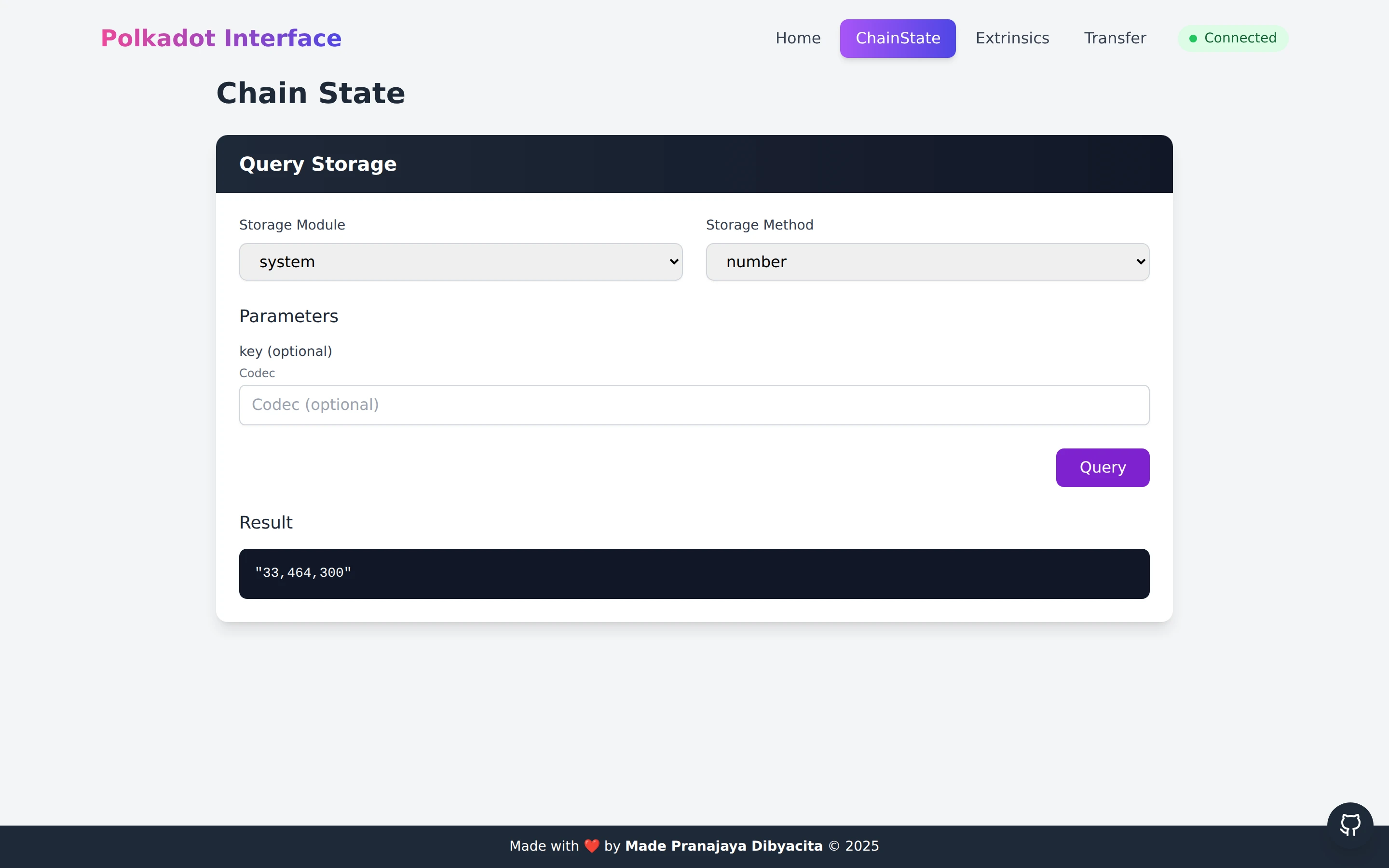Polkadot.js Interface public chain-state screen for preparing chain storage queries.