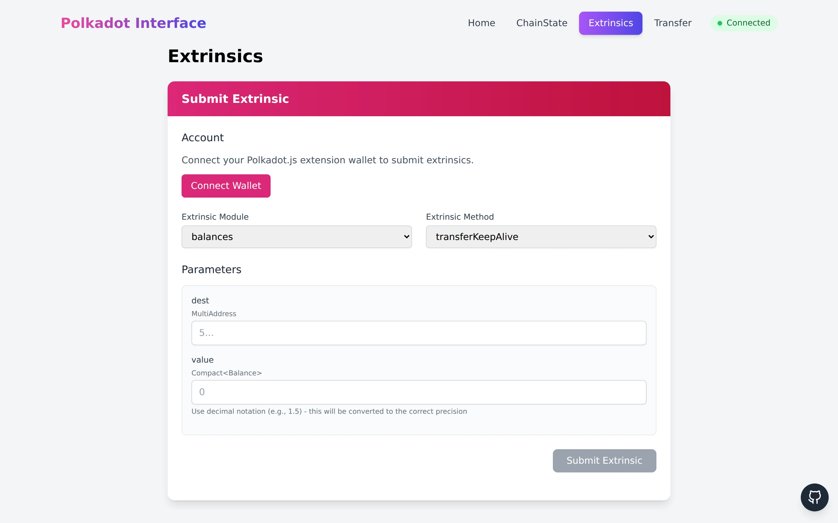Polkadot.js Interface public extrinsics preparation screen; no transaction submitted during capture.