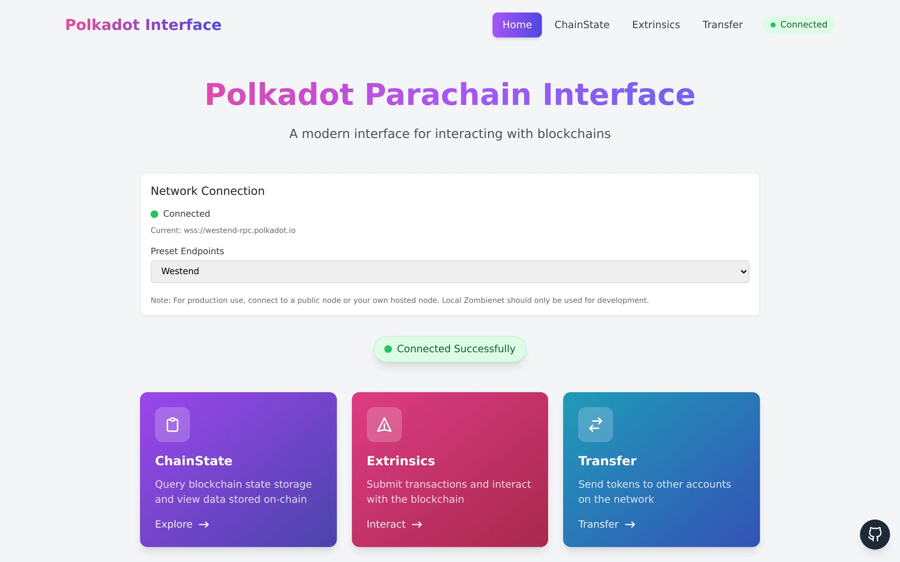 Polkadot.js Interface public home screen with RPC connection and chain exploration controls.